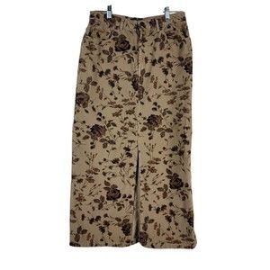 Eddie Bauer Brown Floral Corduroy Long Skirt Front Slit Women's Size 8